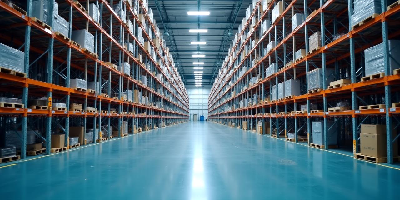 Stark warehouse interior with industrial shelving
